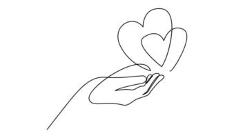 doorlopend een lijn tekening hand- Holding hart. liefdadigheid bijdrage lineair symbool vector