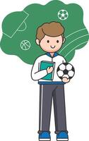 sport- leraar draag- boeken en voetbal bal in hand- vector