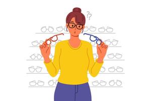 vrouw koopt bril in op te slaan met groot assortiment van lenzen en kaders en kiest van twee opties vector