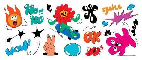 reeks van funky groovy element vector. verzameling van tekenfilm karakters, tekening glimlach gezicht, bloem, hart, vuur, skateboard. schattig retro groovy hippie ontwerp voor decoratief, sticker, kinderen, clip art. vector