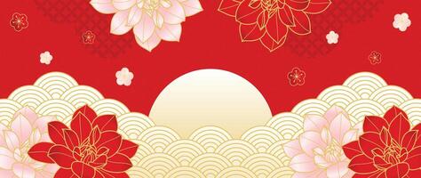 luxe goud oosters stijl achtergrond vector. Chinese en Japans behang patroon ontwerp van elegant zee Golf en lotus bloemen met helling goud lijn textuur. ontwerp voor decoratie, muur decor. vector