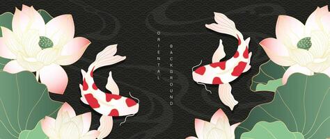 luxe goud oosters stijl achtergrond vector. Chinese en Japans behang patroon ontwerp van elegant koi karper vis, lotus bloem met helling goud lijn textuur. ontwerp voor decoratie, muur decor. vector