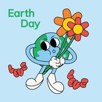 gelukkig aarde dag concept achtergrond vector. opslaan de aarde, wereldbol, bloem groovy stijl. eco vriendelijk illustratie ontwerp voor web, banier, campagne, sociaal media na. vector