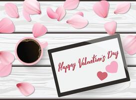 vector vlak leggen nog steeds leven van een roze kop van zwart koffie, roze bloemblaadjes en een tablet met gelukkig Valentijnsdag dag groet