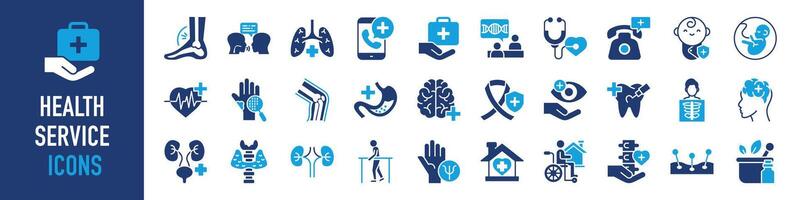 Gezondheid onderhoud icoon set. met zo net zo dokter, geneesmiddel, ziekenhuis, behandeling, gezondheidszorg, verpleegster, pillen, kliniek en meer. solide vector pictogrammen verzameling.