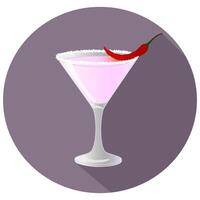 hand- getrokken vector illustratie van pittig Chili doordrenkt cocktail, in een paars cirkel met lang schaduw en tekst. bar menu