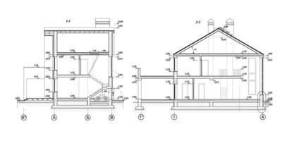 privaat huis sectie, gedetailleerd bouwkundig technisch tekening, vector blauwdruk