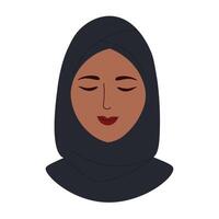 moslim vrouw in hijab hand- getrokken vlak vector illustratie. portret van jong Arabisch meisje in traditioneel jurk Aan geïsoleerd achtergrond. oostelijk karakter in zwart kleren tekenfilm stijl. mensen en cultuur