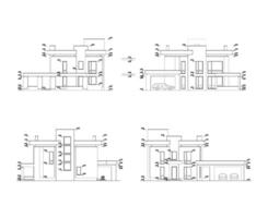 reeks van privaat huis gevels, gedetailleerd bouwkundig technisch tekening, vector blauwdruk