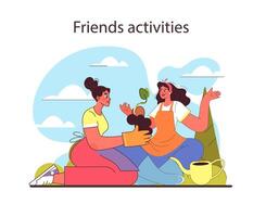 vrienden activiteiten concept. genieten van een vredig tuinieren sessie samen. vector