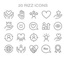 rizz icoon set. minimalistische lijn pictogrammen vertegenwoordigen divers aspecten van sociaal wisselwerking vector