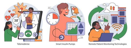 telehealth oplossingen set. vlak vector illustratie.