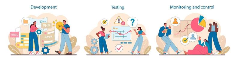 het project fasen set. codering in ontwikkeling, kritiek analyse gedurende testen, en strategisch toezicht in toezicht houden. vector