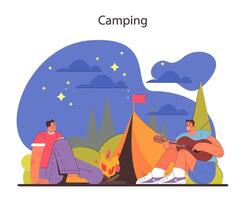 camping concept. vredig nacht onder de sterren met vrienden, een knus kampvuur, en muziek. vector