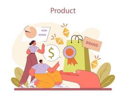 Product ontwikkeling werkwijze. ontwerpen en waarderen merk identiteit in de marktplaats. vector