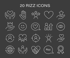 rizz icoon set. minimalistische lijn pictogrammen vertegenwoordigen divers aspecten van sociaal wisselwerking vector