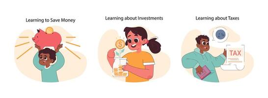 financieel geletterdheid reeks voor kinderen. vlak vector illustratie.
