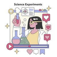 wetenschap experimenten concept. innemend online onderwijs met interactief laboratorium testen. digitaal aan het leren platform met experiment videos. vlak vector illustratie.