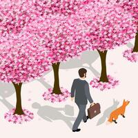 vector illustratie van een isometrische zakenman en een vos wandelen alleen kers bloesem rijbaan