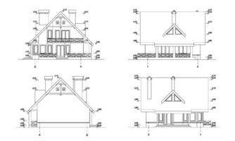 berg chalet facade en sectie, gedetailleerd bouwkundig technisch tekening, vector blauwdruk