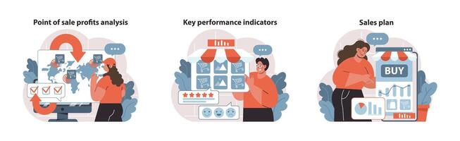 kleinhandel winst plan trio. globaal uitverkoop analyse, sleutel metriek volgen, en strategisch verkoop planning. vector
