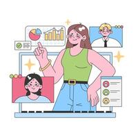 zelfverzekerd vrouw multitasken met digitaal schermen. vlak vector illustratie.