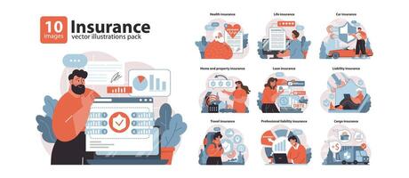 verzekering set. uitgebreid Dekking opties voor leven, Gezondheid, huis, en reizen. vector