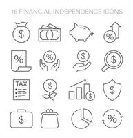financieel onafhankelijkheid pictogrammen set. essentieel middelen en investeringen gids. vector