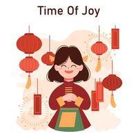 Chinese nieuw jaar traditie. vrolijk Aziatisch familie vrije tijd Aan feestelijk dag vector