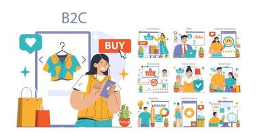 b2c set. digitaal boodschappen doen reis van browsen naar aankoop. e-commerce vector