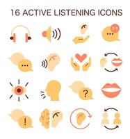actief luisteren vaardigheid pictogrammen set. symbool van oplettendheid zacht vaardigheid. gesprek, vector