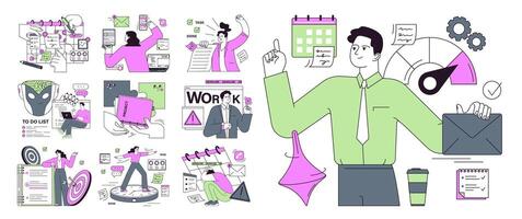 werknemer rendement set. bedrijf karakter of werknemer productief multitasking vector