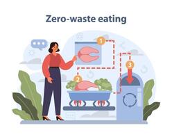 Zero waste aan het eten concept. illustratie van een vrouw beoefenen Zero waste principes in voedsel voorbereiding. vector