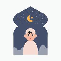 gelukkig eid mubarak met kind karakter illustratie gemakkelijk concept schattig tekenfilm moslim vector