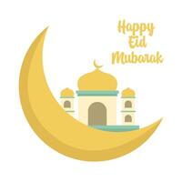 gelukkig eid mubarak hartelijk groeten, maan met moskee illustratie vector