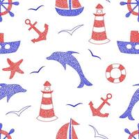 naadloos patroon met hand- getrokken anker, dolfijn,schip, vuurtoren, zeilboot, hand- wiel, roer Aan wit achtergrond in kinderen naief stijl. vector