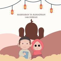 karakter schattig Ramadhan concept illustratie gelukkig moslim vieren heilig maand Ramadhan moskee sillhouette vector illustratie