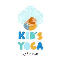 vector kleurrijke kids yoga studio logo met illustratie van meisje doet yoga geïsoleerd op een witte background