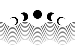 maanstanden, geometrische golven, abstracte hedendaagse esthetische achtergrond. zwarte tatoeagekleur. boho wand decor moderne minimalistische kunst print. organische natuurlijke vorm. magische concept vector geïsoleerd op wit