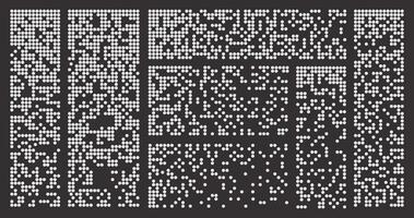 pixel desintegratie verzameling. verspreid stippel patroon. vlak halftone mozaïek- texturen . zwart en wit verspreid elementen vector illustratie.
