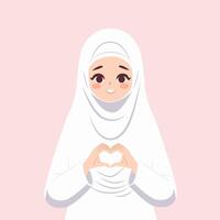 mooi meisje in wit hijaab. Dames in Islamitisch religieus kleding vormig hart met beide handen uitdrukkingen. vlak ontwerp, poster voor wereld hijab dag. vector