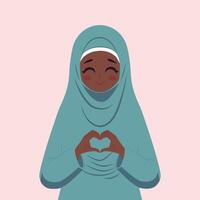 mooi meisje in blauw hijaab. Dames in Islamitisch religieus kleding vormig hart met beide handen uitdrukkingen. vlak ontwerp, poster voor wereld hijab dag. vector