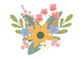 mooi voorjaar of zomer boeket Aan een wit achtergrond. schattig hand- getrokken vlak vector bloemen, bladeren, bessen. vector illustratie voor kaart, banier, poster, bruiloft uitnodiging. bloemen voorjaar poster.