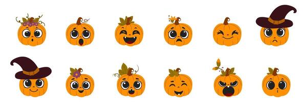 reeks van pompoenen met schattig gezichten voor halloween of dankzegging voor decoratief elementen. grappig glimlachen pompoenen vector