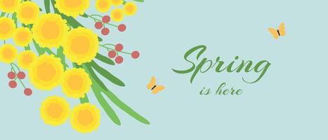 boeket van mooi voorjaar mimosa bloemen Aan een pastel achtergrond. ansichtkaart voor Internationale vrouwen dag. vlak indeling. voorjaar concept. vector