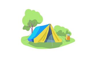 glamping vakantieoorden. Woud toeristisch kamp met tent, vouwen tafel en stoel voor avontuur toerisme en reis, bushcraft en backpacken. vector