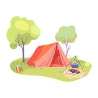 Woud toeristisch kamp met tent, vreugdevuur en brandhout voor avontuur toerisme en reis, bushcraft en backpacken. vector