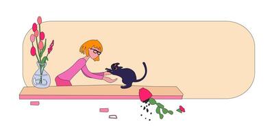 een jong vrouw picks omhoog een kat van de vensterbank. de katje liet vallen een bloem pot. vlak vector illustratie