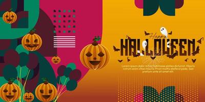 gelukkig halloween achtergrond in meetkundig stijl. gelukkig halloween Hoes met pompoenen, spin webben en typografie. geschikt voor affiches, groet kaarten en partij uitnodigingen voor halloween vieringen vector