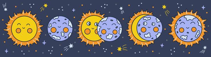 zonne- verduistering. hand- getrokken vector kleurrijk horizontaal